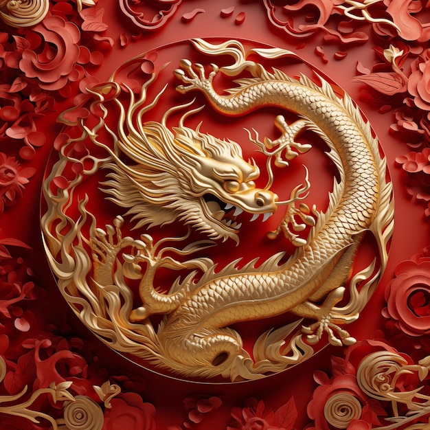 China gouden draak op rode achtergrond het symbool van het jaar tekening illustratie generatieve ai