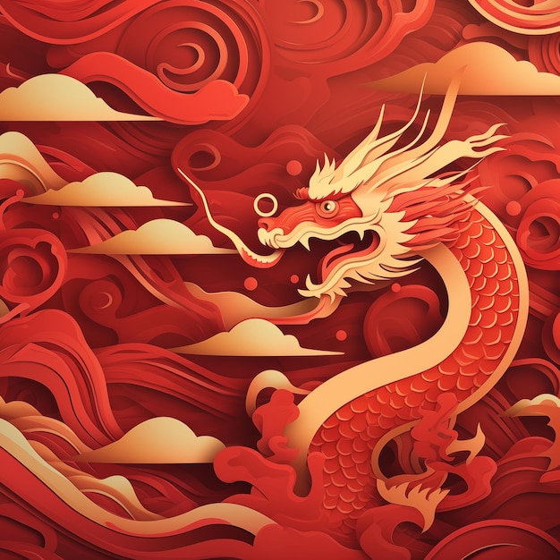 China gouden draak op rode achtergrond het symbool van het jaar tekening illustratie generatieve ai