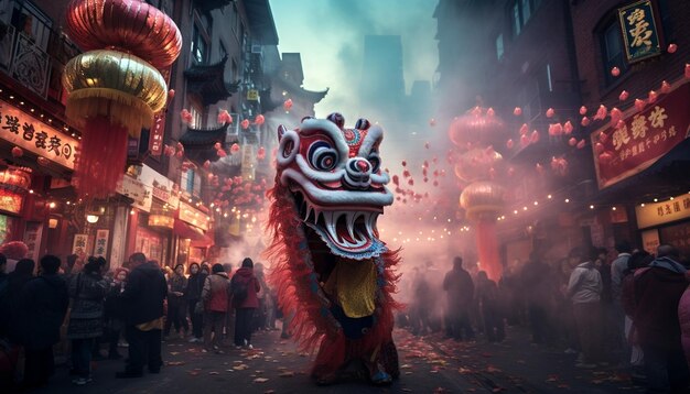 중국 신년 축하 중국 마을 불꽃놀이와 등불 드래곤 조디악 기호