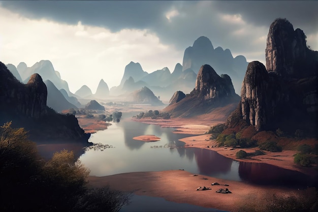 China landschap met bergen en een meer Generatieve AI Kunst Mooi uitzicht