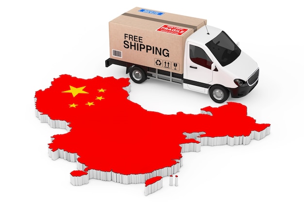 China logistiek concept. Witte commerciële industriële lading bestelwagen vrachtwagen geladen met kartonnen doos met gratis verzending teken in de buurt van China kaart met vlag op een witte achtergrond. 3D-rendering