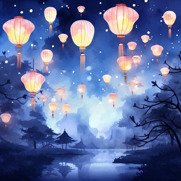 China New Year Watercolor Lantern Festival Background