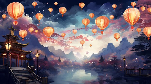 China New Year Watercolor Lantern Festival Background