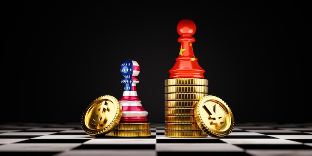 China pawn chess standing on upper Yuan coins stacking and United States of America pawn chess standing lower US dollar coins stacking for China economic growth and development more than USA concept