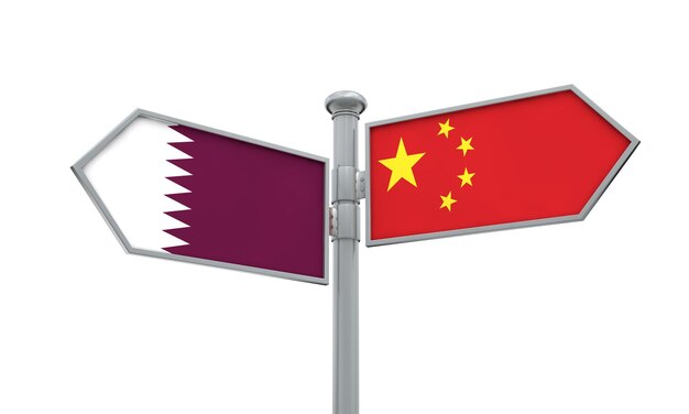 China and Qatar flag sign moving in different direction 3D Rendering