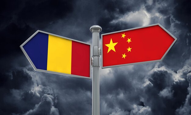 China and Romania flag sign moving in different direction 3D Rendering