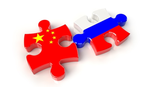 China and Russia flags on puzzle pieces. Political relationship concept. 3D rendering