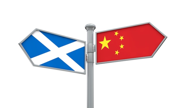 China and Scotland flag sign moving in different direction 3D Rendering