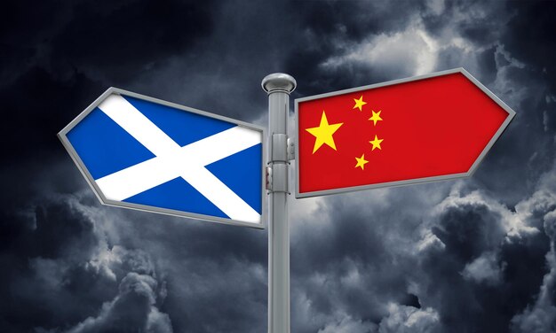 China and Scotland flag sign moving in different direction 3D Rendering