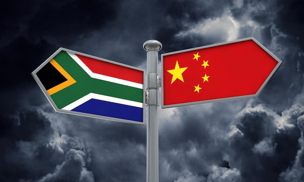 中国と南アフリカの旗のサインが異なる方向に移動3Dレンダリング