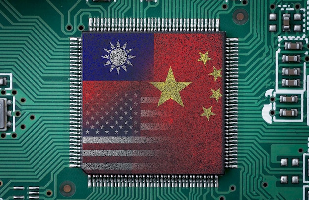 Photo china taiwan and usa flag print screen to microchip on electronic board for symbol of military conflict war and economic business partnership concept