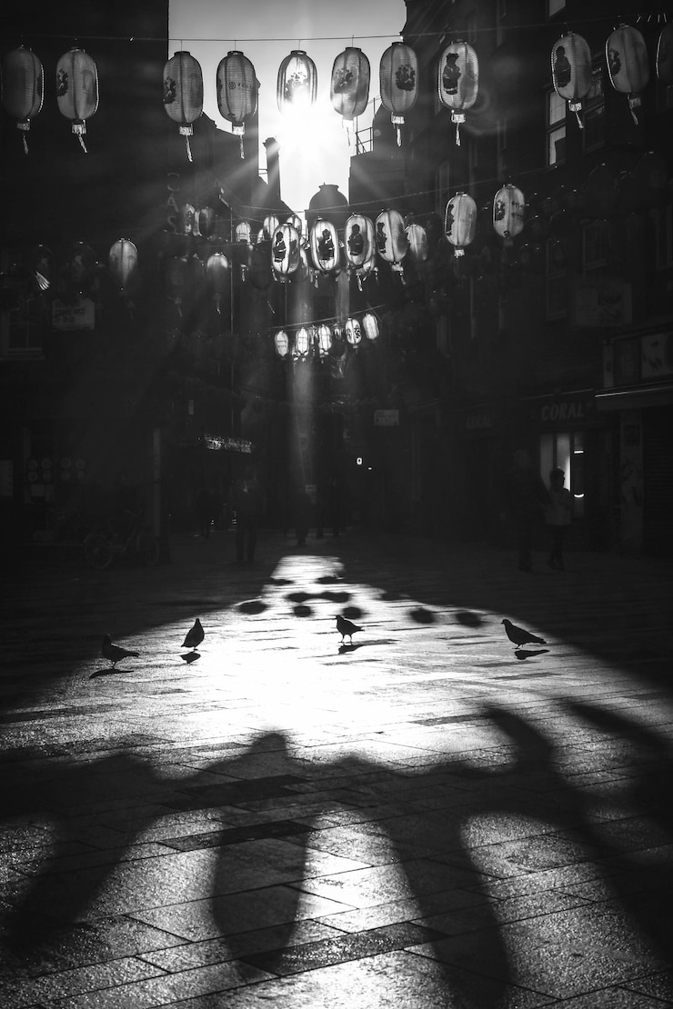 Foto china town ochtend in zwart-wit