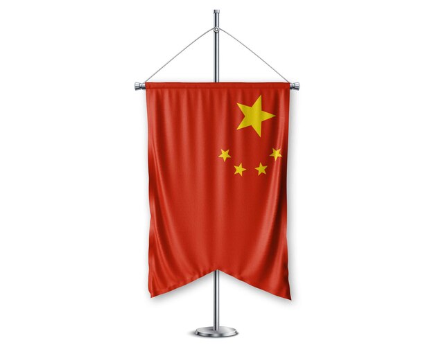 3D 旗<unk>在柱子支架上的支架 现实的设置和白色背景