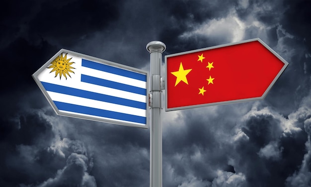 China and Uruguay flag sign moving in different direction 3D Rendering