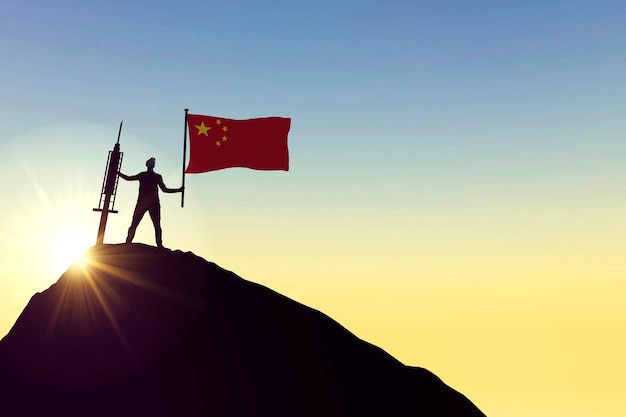 China vaccin silhouet van persoon met vlag en spuit d rendering