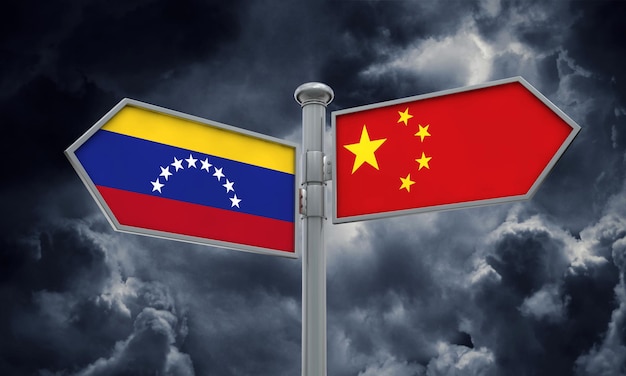 다른 방향으로 움직이는 중국과 베네수엘라 국기 기호 3D 렌더링