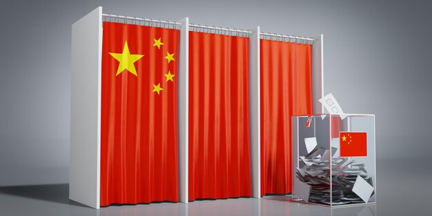 China voting booths with country flag and ballot box 3d illustration