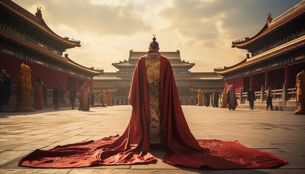 Foto l'incomparabile bambina cinese si trova di fronte al palazzo indossando una splendida veste di drago.