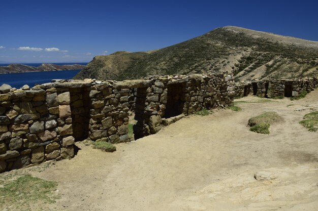 Chincana ruins at Isla del Sol Island of the Sun in Titicaca lake Bolivia