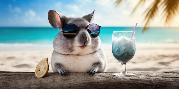 Chinchilla is op zomervakantie in een badplaats en ontspant op het zomerstrand