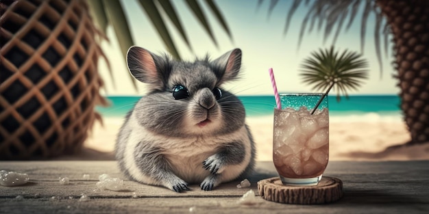 Chinchilla is on summer vacation at seaside resort and relaxing on summer beach