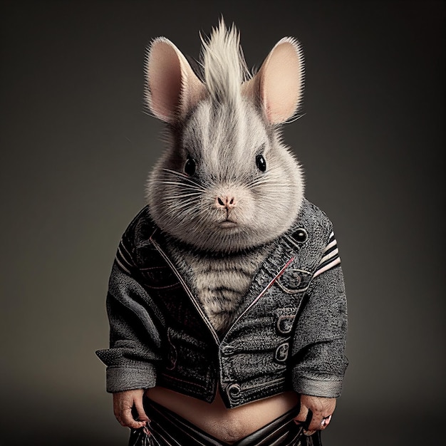 chinchilla in rock punk black metal rockstar chain leather outfit
