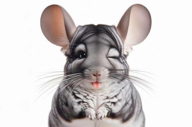 chinchilla winking and sticking out tongue isolated on white background