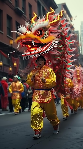 Chinees drakenfestival op straat AI gegenereerd