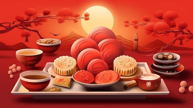 Chinees festival de familie herenigd voor het Mid-Autumn Festival genieten van maan cakes Generative Ai