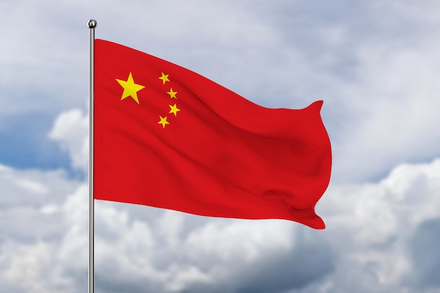 Chinees flag on sky background 3D illustration