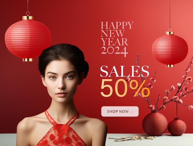 Chinees gelukkig nieuwjaar verkoopsjabloon voor spandoek Mooi vrouwelijk model met lantaarndecoratie