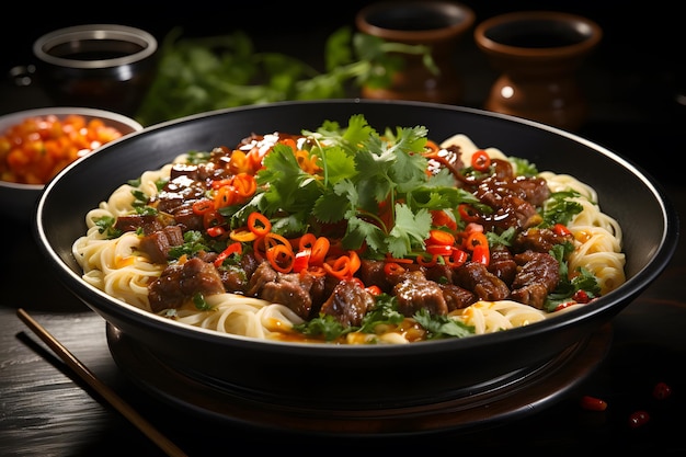 Chinees hoofdgerecht Een Sichuan-gerecht gemaakt met vermicelli-noedels, gemalen vlees, chilibonenpasta