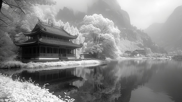 Chinees landschap met een boeddhistische tempel