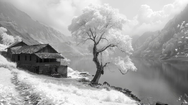 Chinees landschap met een boeddhistische tempel