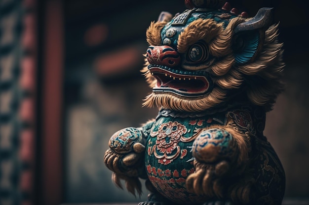 Chinees leeuwendansportret met donkere achtergrond, creatieve ai