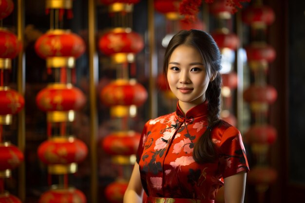 Foto chinees meisje met chinees nieuwjaar rood cheongsam kostuum met chinese nieuwjaar achtergrond