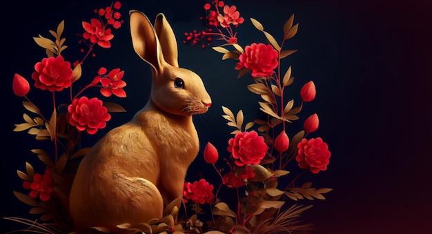 Chinees nieuwjaar 2023 jaar van het konijn Gouden konijn met rode bloemen Generatieve ai