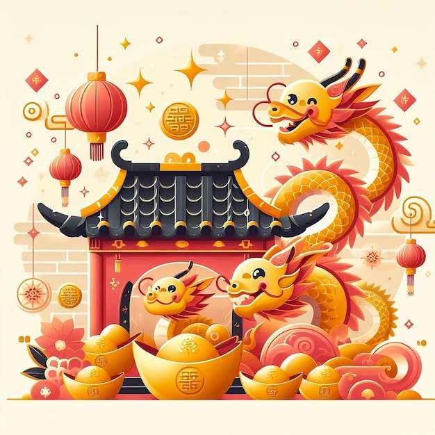 Chinees Nieuwjaar 2024 achtergrond met schattige draak dierenriem Chinees dak een gouden ingot