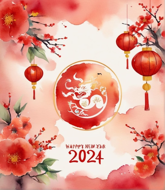 Chinees Nieuwjaar 2024 Gratis Vector Waterverf achtergronden voor een gelukkige viering