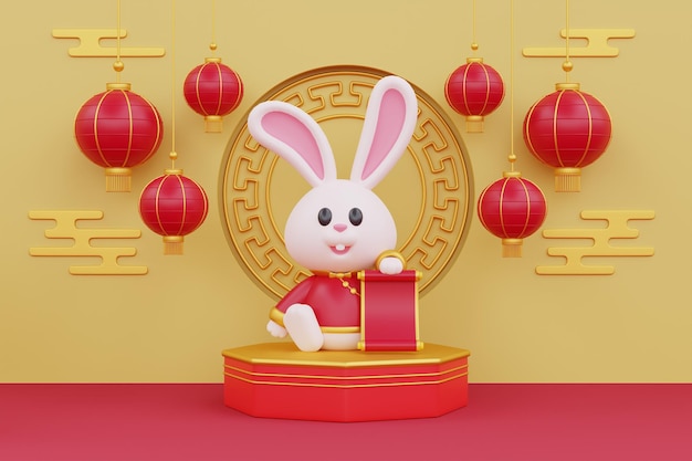 Chinees nieuwjaar banner schattig konijn met rode oude scroll en feestelijke lantaarns opknoping Chinese Festivals Lunar CYN 2023 Jaar van het konijn 3D-rendering