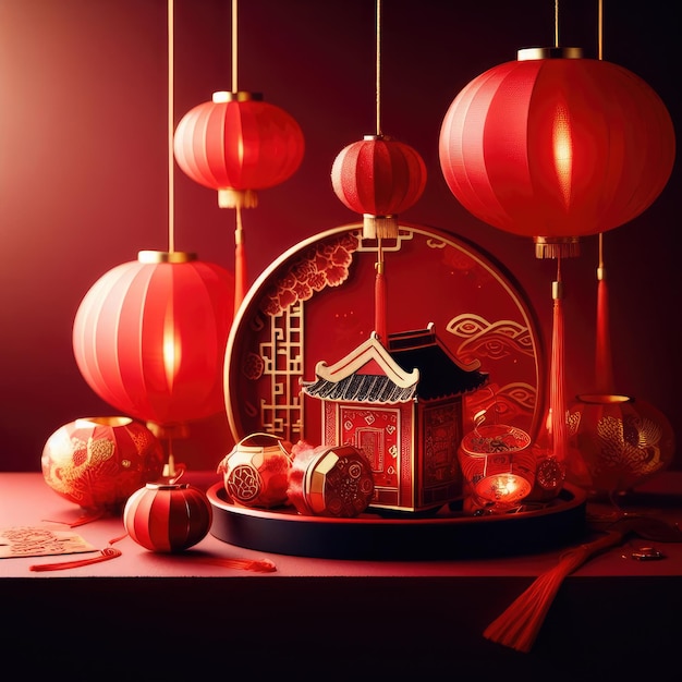 Chinees Nieuwjaar concept met rode lantaarns op een rode achtergrond