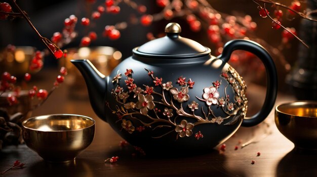Foto chinees nieuwjaar concept met thee gelukkig nieuwjaar achtergrond hd achtergrond