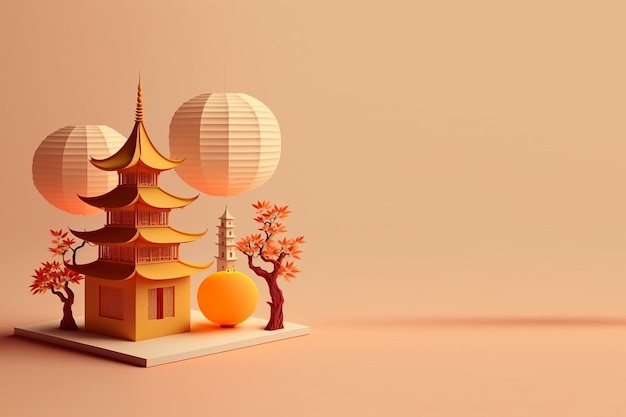 Chinees Nieuwjaar decoratie 3D realistische weergave pagode achtergrond