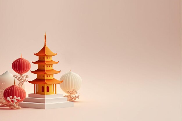 Chinees Nieuwjaar decoratie 3D realistische weergave pagode achtergrond