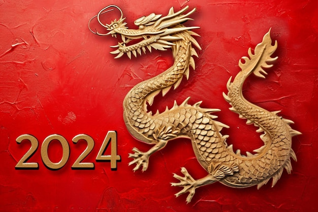 Chinees Nieuwjaar Een gouden Chinese draak op een rode achtergrond