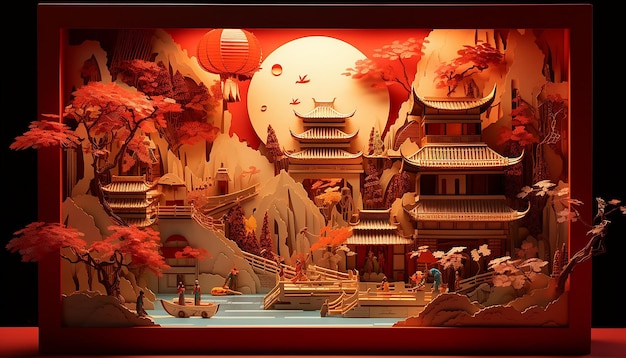 Chinees nieuwjaar gelaagd papier kunst diorama gegenereerd door kunstmatige intelligentie