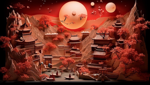 Chinees nieuwjaar gelaagd papier kunst diorama gegenereerd door kunstmatige intelligentie