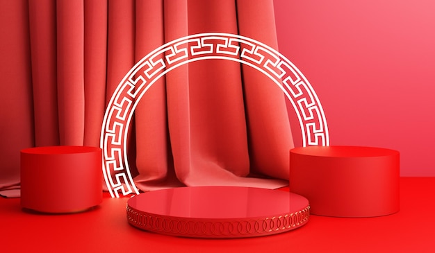 Foto chinees nieuwjaar gouden podium display mockup op rode abstracte achtergrond met geometrische vorm en gordijn product minimale presentatie 3d rendering