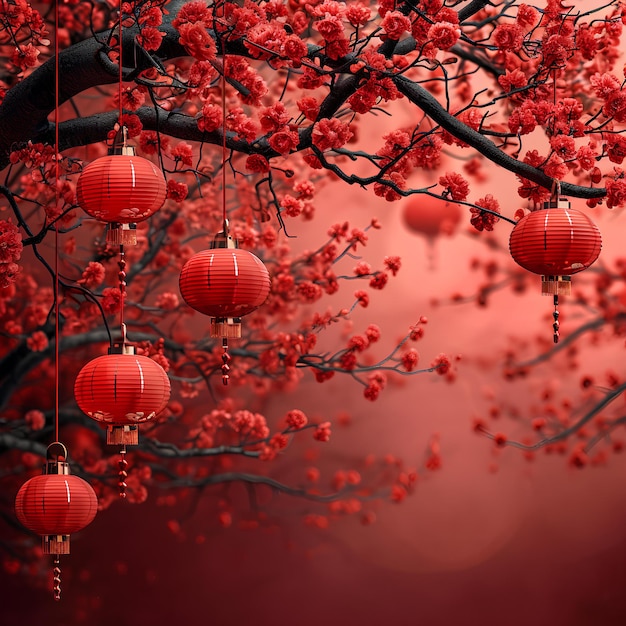Chinees Nieuwjaar hangende lantaarns op rode takken