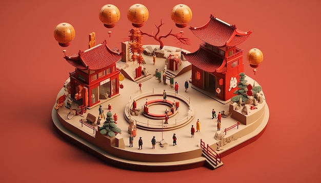 Chinees nieuwjaar minimalistisch diorama isometrisch gegenereerd door kunstmatige intelligentie